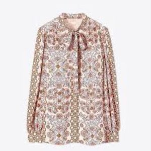 Tory Burch Hicks print silk blouse with bow tie.